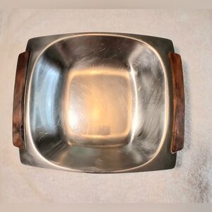 Vintage MCM Square Metal Bowl W Walnut Wood Handle